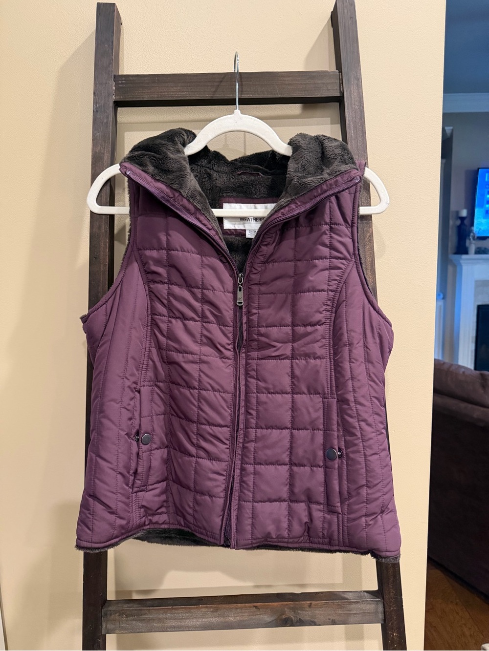 Weatherproof Quilted Vest in Plum with Faux Fur Lining